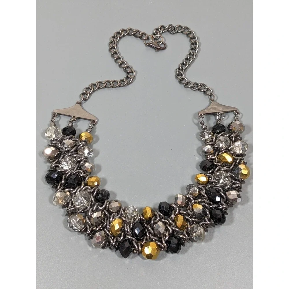 Gunmetal Gray Black Gold Glass Bead Woven Bib‎ Statement Necklace 19